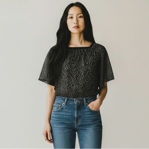 𝅺newberry sheer top butterfly circular sleeves black white polka dots size 12